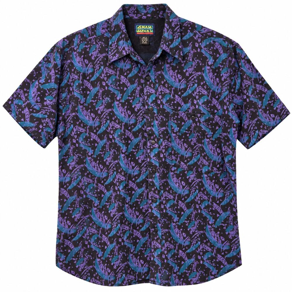 Vintage 90s Shah Safari Mens Print Button Down Shirt M Black Purple Short Sleeve